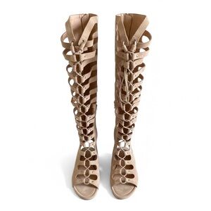 Fashion Nova Gladiator Knee High Sandals Cutout Lace-Up Faux Suede Boho Beige 6